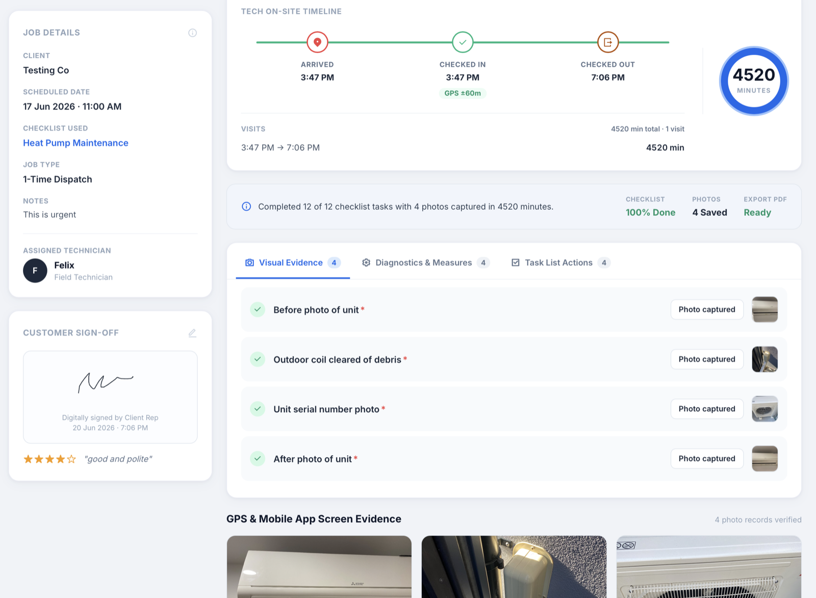 SodaDesk job detail — on-site timeline with GPS-verified arrival, checked-in and checked-out times, total minutes on site, completed checklist, photo evidence, and a signed customer sign-off